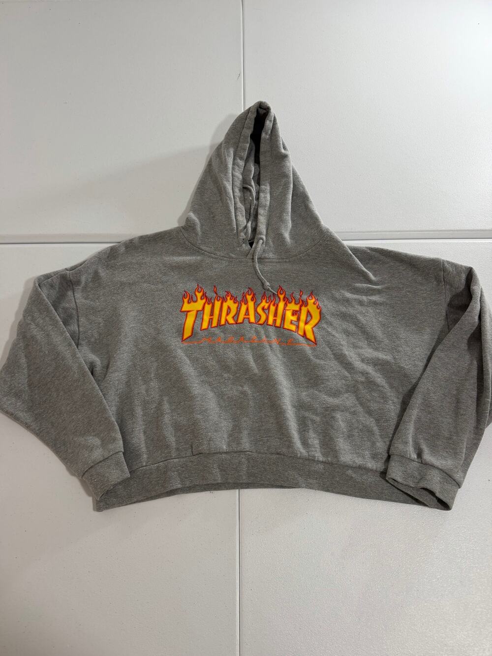 Thrasher Magazine Flame Logo Cropped Hoodie Womens M Gray Skate Pullover